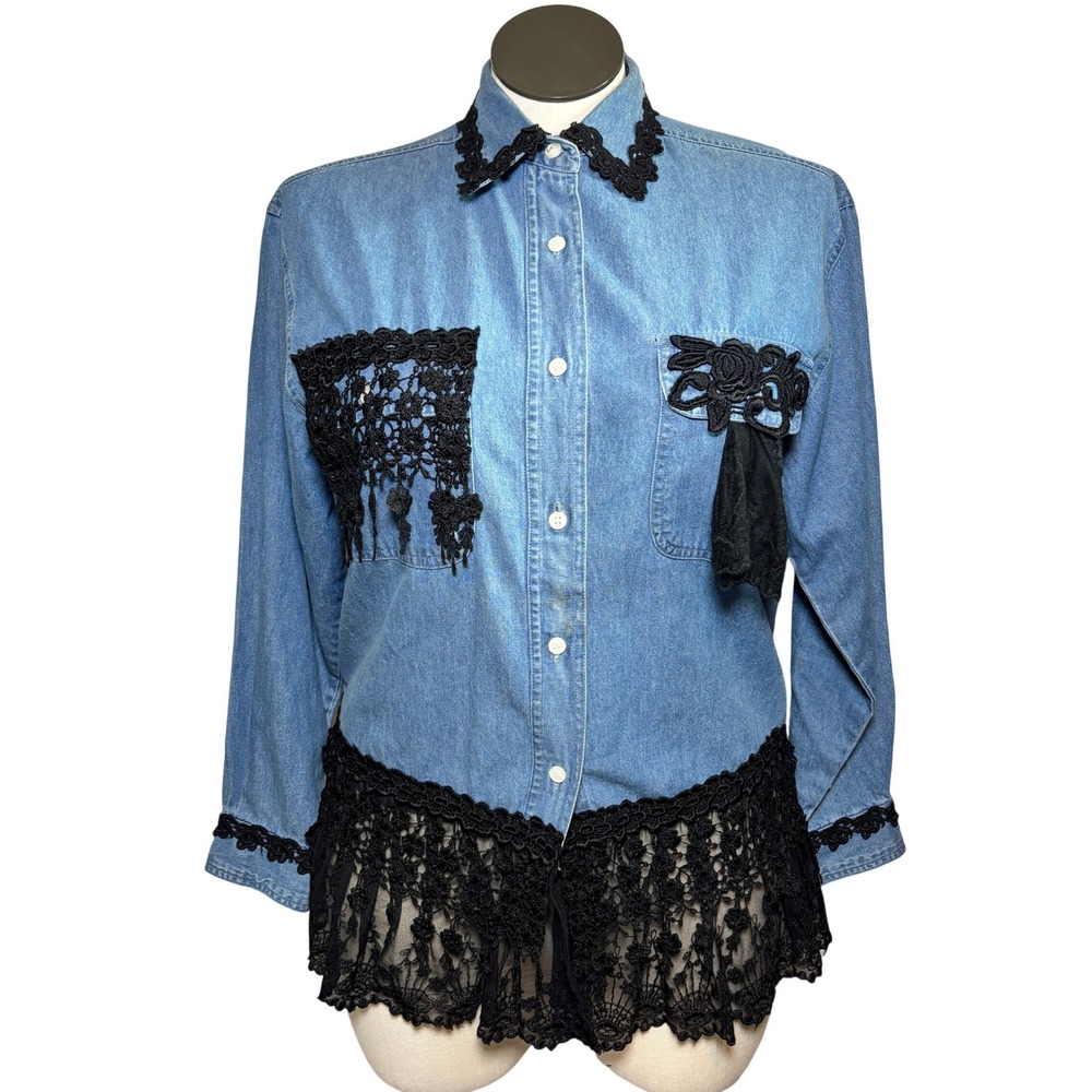 American Rave Womens Denim Shirt Small Blue Cotton Black Lace Trim Western Boho